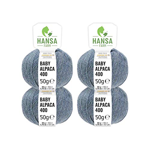 HANSA-FARM 100% Lana de Alpaca en más de 50 Colores (no Pica) - Set de 200g (4X 50g) - Suave Hilo Baby de Alpaca para Punto y Ganchillo en 6 grosores Gris-Verdoso (Heather)