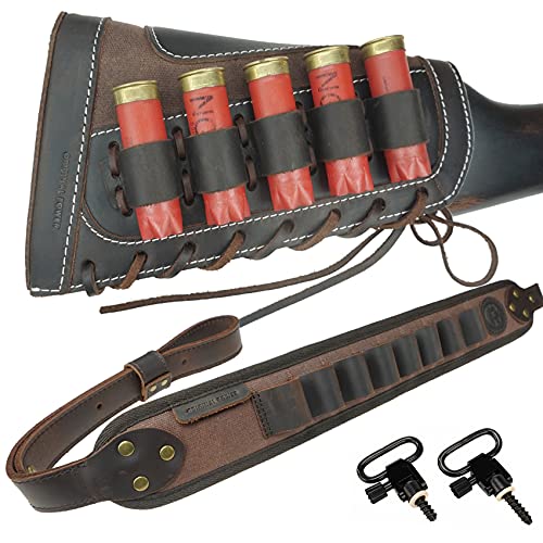 Leather Canvas Shotgun Shell Holder and 8 Round Gun Cartridge Holder Sling for 12 Gauge (Coffee)