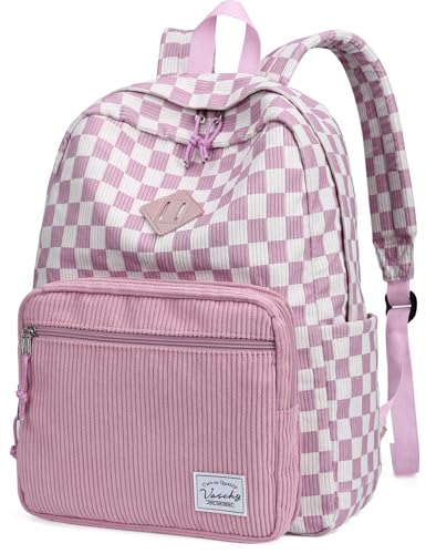 VASCHY Mochila de Pana a Cuadros Rosa, Ligera 17,7 L, para Portátil 15,6