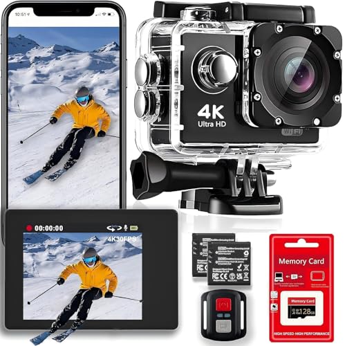 4K 30FPS WiFi Action Camera with 128GB Memory Card- 98FT...
