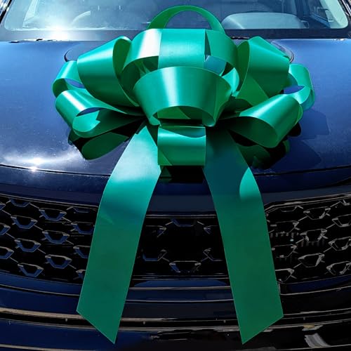 Image of CarBowz Big Car Bow for Car Decorations and Birthday Car Gifts, Large Bow Ribbon, Magnet, Car Safe Sticker Included, Fully Assembled 30 inch Wide Huge Bow, No Suction Cup Needed (Green)