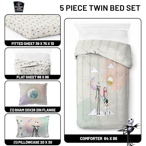 Image of Disney Nightmare Before Christmas Twin Comforter Set 5 Piece, Multi | Jack Skellington Sally, Bed in a Bag, Comforter Sheets Sham Pillowcase, Soft Microfiber, Machine Washable, Girls Gift