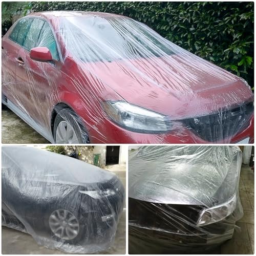 Image of 3 Packs Disposable Car Cover Clear Plastic Car Cover Universal Rain Dust Garage Cover with Elastic Band Large (15.7FT x 24.6FT)