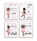 African American Ballerinas in Pink Christian Nursery Decor Set of 4 Unframed Prints with Bible...