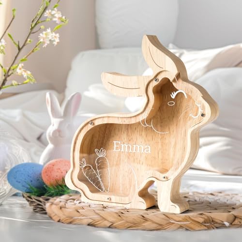 Image of Personalized Wooden Easter Bunny Rabbit Piggy Bank
