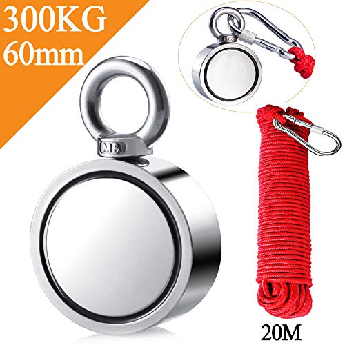 Uolor Double Faces Aimant Néodyme avec Corde (20M/66ft) - Combiné 300 KG Extrêmement Traction Puissant Rond Pêche Aimants Idéale pour Pêche À L'aimant et Chasse Au Trésor - Diamètre 60mm