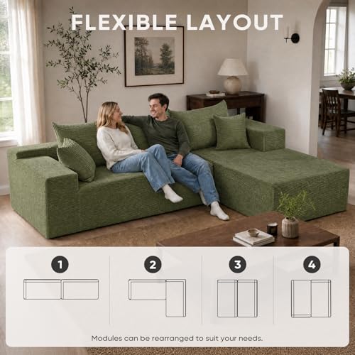 Image of Boneless Couch, 102.4 inch Sectional Couches for Living Room with L Shape Sofa | Cloud Couch Sectional with Chaise, Modular Cloud Sofa with Deep Seat, No Assembly, Green, Corduroy, Right Chaise