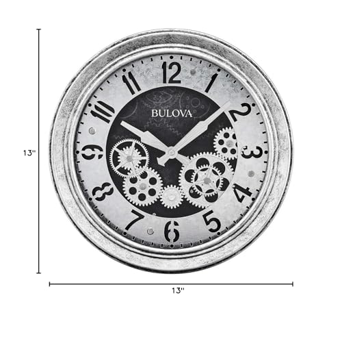 Bulova The Industrial Wall Clock C4339 | 13" Diameter | Open Gear Design | Antique Silver Finish | Quartz Movement4