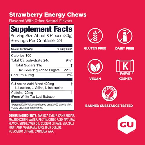Image of GU Energy Chews, Strawberry Energy Gummies with Electrolytes, Vegan, Gluten-Free, Kosher, 20 mg of Caffeine, and Dairy-Free On-the-Go Energy for Any Workout, 12 Bags (24 Servings Total)