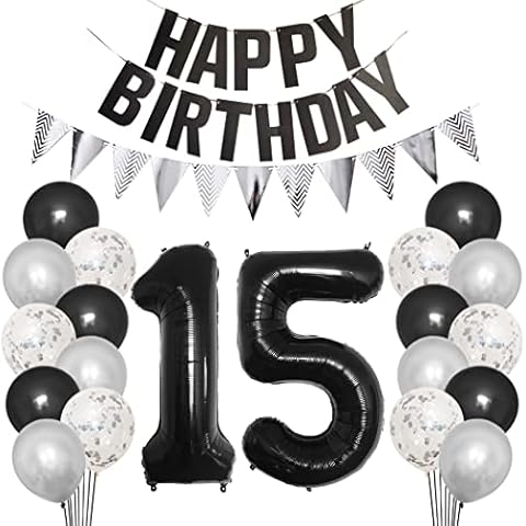Borsgye 15th Birthday Party Decorations Set for Girl Boy Women Men Black HAPPY BIRTHDAY Letter Banner Silver Sparkly Glitter Traingle Banner Confetti Latex Balloons with Black Giant Number 15 Balloon Cover