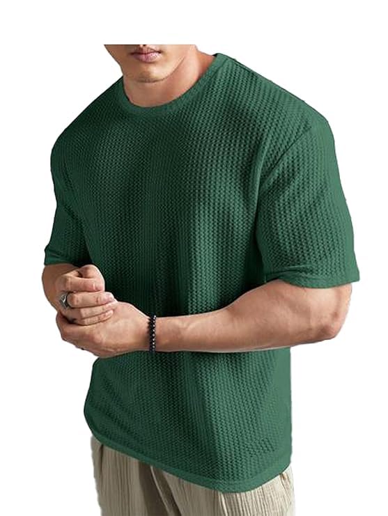 Image of Men Solid Waffle Round Neck Oversized /Dropshoulder |Baggy| Summer T Shirt for Ment Shirt