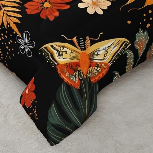 Image of AILONEN Full Tropical Moth Comforter Set, Orange Floral Bedding, Black Botanical Leaf Decor, Lightweight Cozy Microfiber Teens Gamer Cool Loft