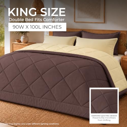 Image of King Size Comforter for Double Bed, 220 GSM Soft Microfiber AC Blanket, All Season Lightweight Reversible Bed Quilt, Premium Bedding, 90 x 100 Inch, Coffee-Khaki