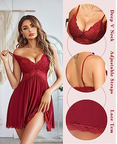 Image of Avidlove Women Chemise Night Gown Lace Modal Sleepwear V-Neck Full Slip Babydoll Lingerie Sexy Nightgowns