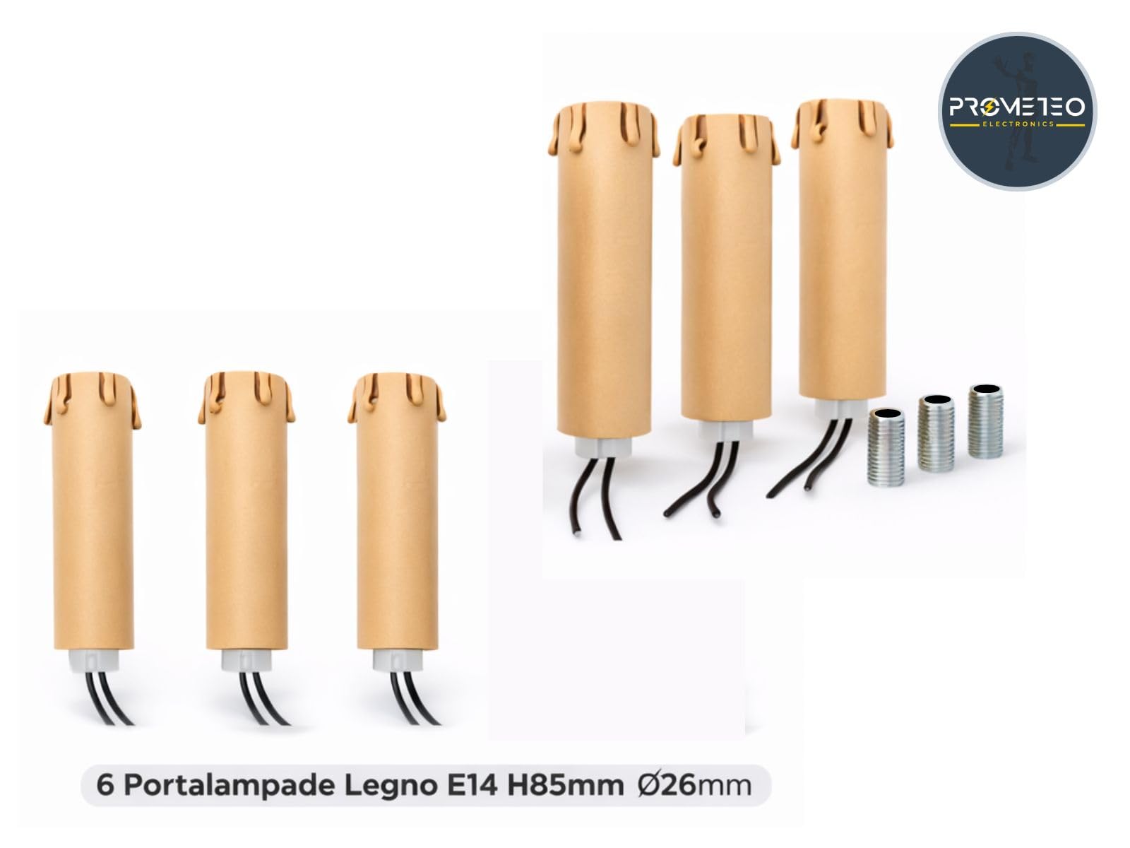 Kit 6 Portalampade E14 Candela in Legno Antichizzato 85mm con Barre Filettate M10 – Ricambi per Lampadari, Candelabri e Applique Vintage