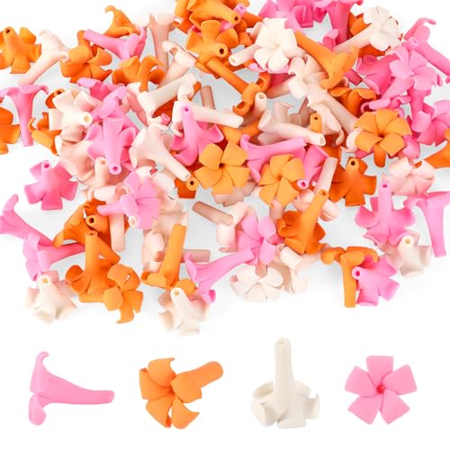 100pcs Handcrafted Puakenikeni Clay Beads Hawaiian Flower Clay Beads with Pre-Drilled Holes for Jewelry Making DIY Craft Supplies Bracelet Necklace Earring (Pink White Orange)