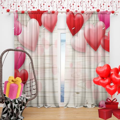 DOTOOMA Valentine's Day White Wooden Wall Window Curtains Pink Red Heart Bokeh Nursery Bedroom Living Room Window Decoration Polyester Fabric Supplies...