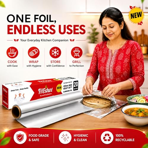 Image of Freshee 20m Heavy Duty Aluminium Foil Roll 45cm Extra Wide Silver 18 Micron Thick, Food Wrapping Paper roll, Kitchen, Disposablel for Food Delivery, Keeps Food Fresh & Hot for Long