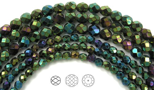 4mm (102) Jet Green Iris, Czech Fire Polished Round Faceted Glass Beads, 16 inch Strand