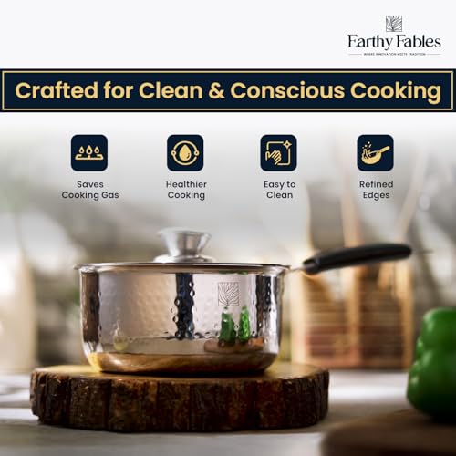 Image of Earthy Fables Hammered Stainless Steel Saucepan with Steel Lid, Food Safe, Rust Resistant, Toxin-Free, Stove & Induction Bottom, Easy to Clean, Multipurpose Pan for Tea, Milk & Sauces, 14 cm, 1.1 L