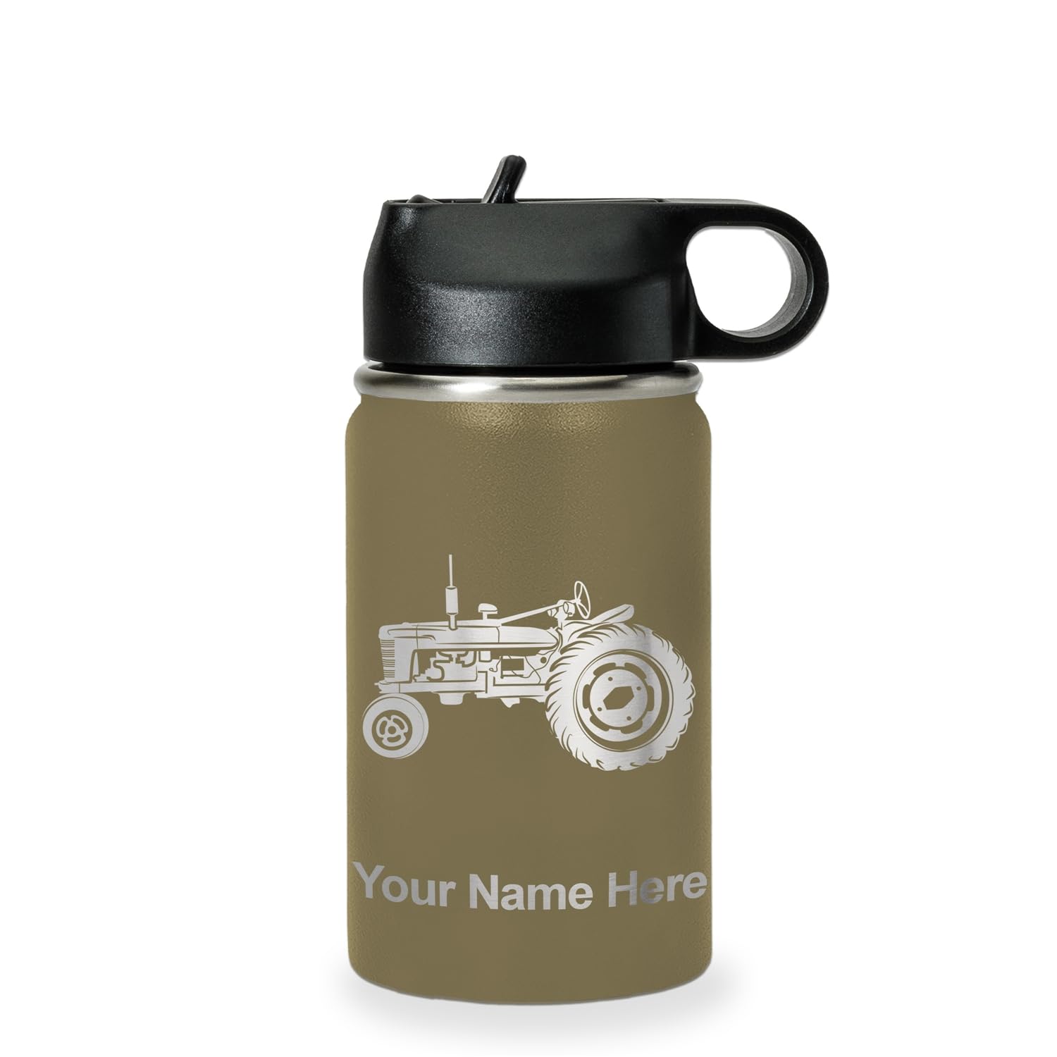 LaserGram Personalized Water Bottle, Old Farm Tractor, Stainless Steel Double Wall Vacuum Insulated with Flip Top Straw, Custom Engraved Gift (12oz /