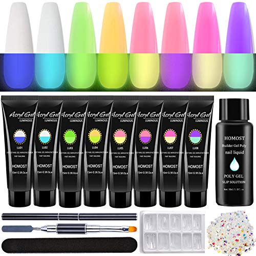 HOMOST Poly Nail Gel Kit, Glow in the Dark Poly Nail Gel Starter Kit, 8 Colors Nail Builder Gel Extension Kit