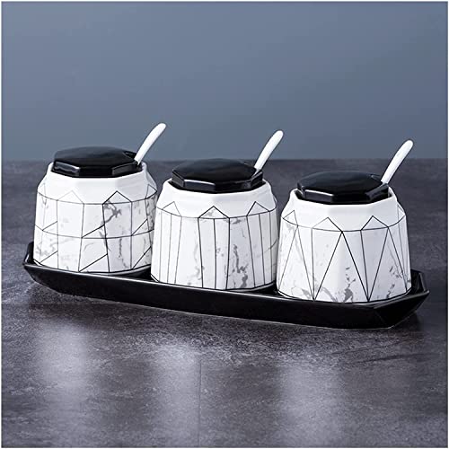 TBLOTYD kitchen Condiment jar Ceramic Seasoning Pot Set Spice Container with Ceramic Spoon with Lid and Tray 380ml Sugar Bowl Seasoning Pot Condiment Pots Seasoning Jar