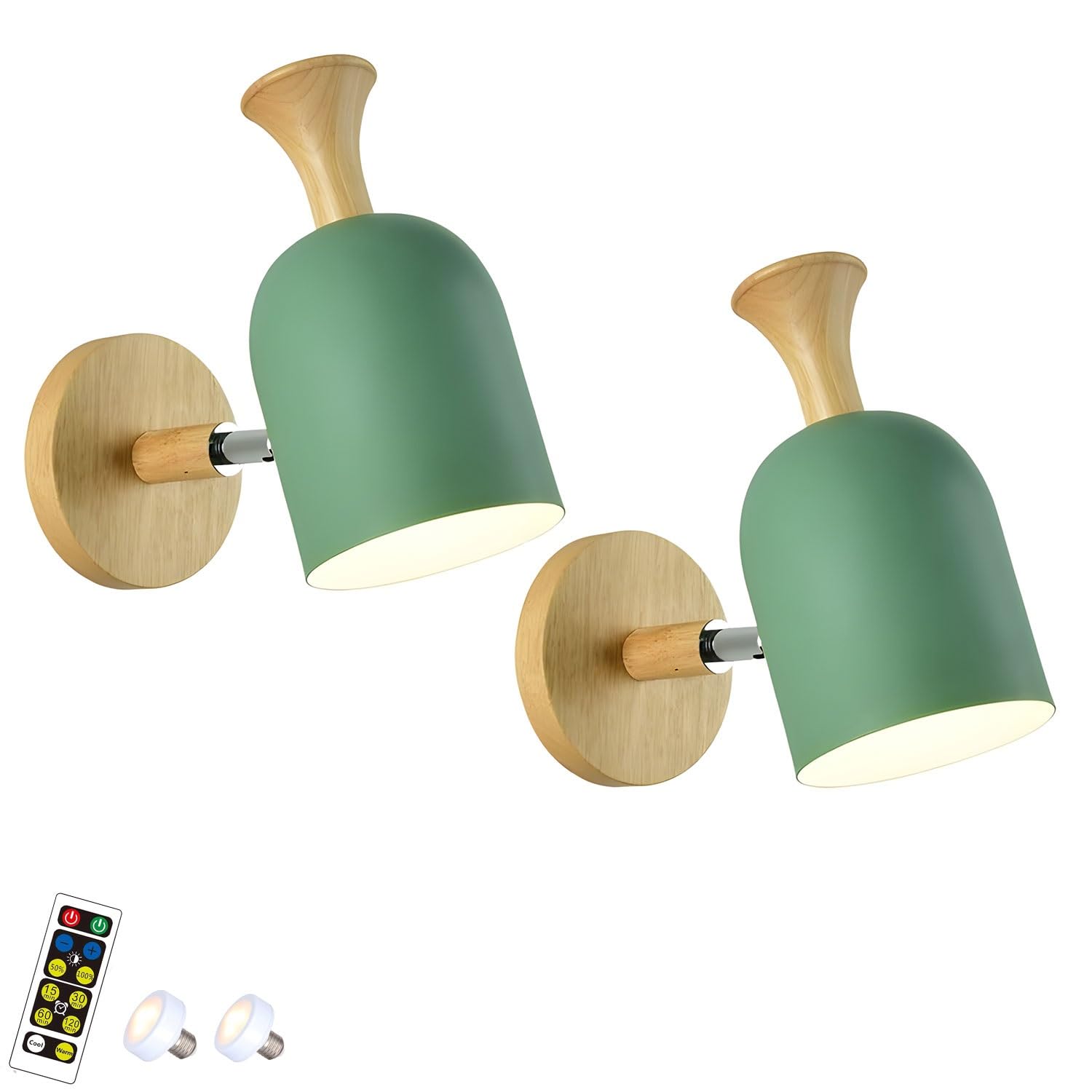 FZQSXAZU Modern Battery Operated Wall Lamp Set of 2 Adjustable Nordic Farmhouse Sconces Cordless Recharable Indoor Light Fixtures for Bedroom & Living Room Green Color
