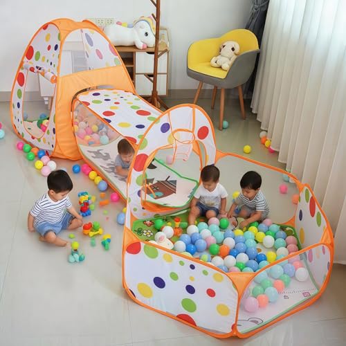 キッズテント 室内用 秘密基地 3 in 1トンネル ボールプール200個付き プレイハウス 3点セット ワンタッチ開閉 折りたたみコンパクト 子供用テント 女の子 男の子対応 ポリエステル 抗菌 消臭 おもちゃハウス 睡眠 おもちゃ小屋 屋外 組み立て簡