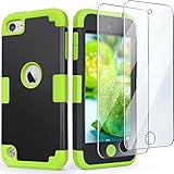 IDweel for iPod Touch Case with 2 Screen Protectors, 3 in 1 Hard PC Case + Silicone Shockproof for Kids Heavy Duty Hard Case Cover for iPod Touch 7th/6th/5th Generation,Black+Green