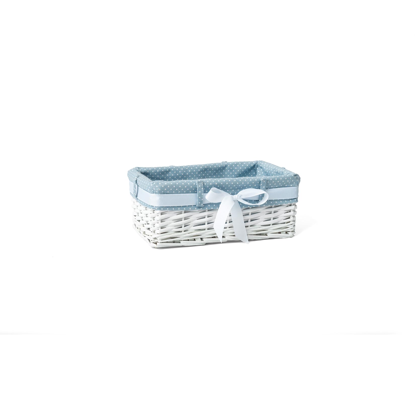 Woodluv White Rectangular Willow Wicker Hamper Storage Basket-With Blue Fabric & Ribbon (Gift Hamper Basket) -Small