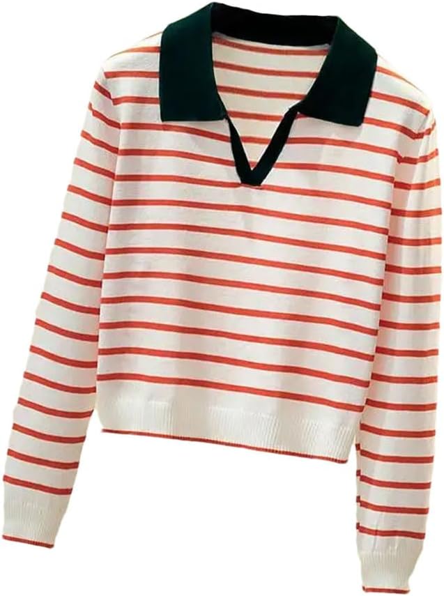 Women's Long Sleeve Striped Sweater Spring V-Neck Versatile Loose Casual Basic Knitted Pullover Tops