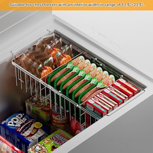 Orgneas Chest Freezer Organizer Bins, Capacity Expandable Deep Freezer Baskets Adjustable From 15.5 to 24.5 Metal Wire Storage with Removable Divider Sheets, 2Pcs