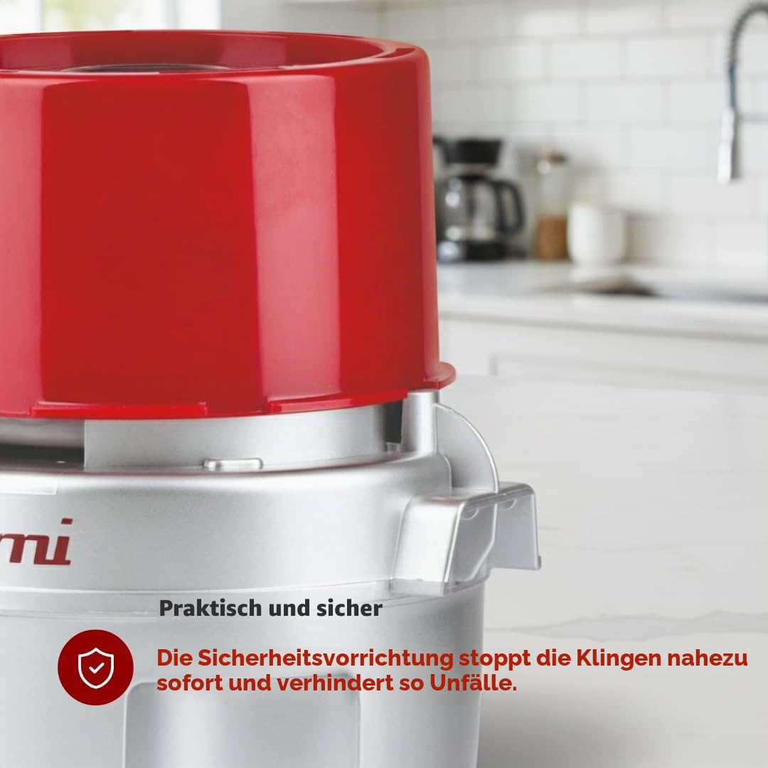 Girmi TR20 Zerkleinerer, 600 W, 250 ml Behälter, Klingen mit Titanbeschichtung, spülmaschinengeeignet, Sicherheitssystem, Grau/Rot