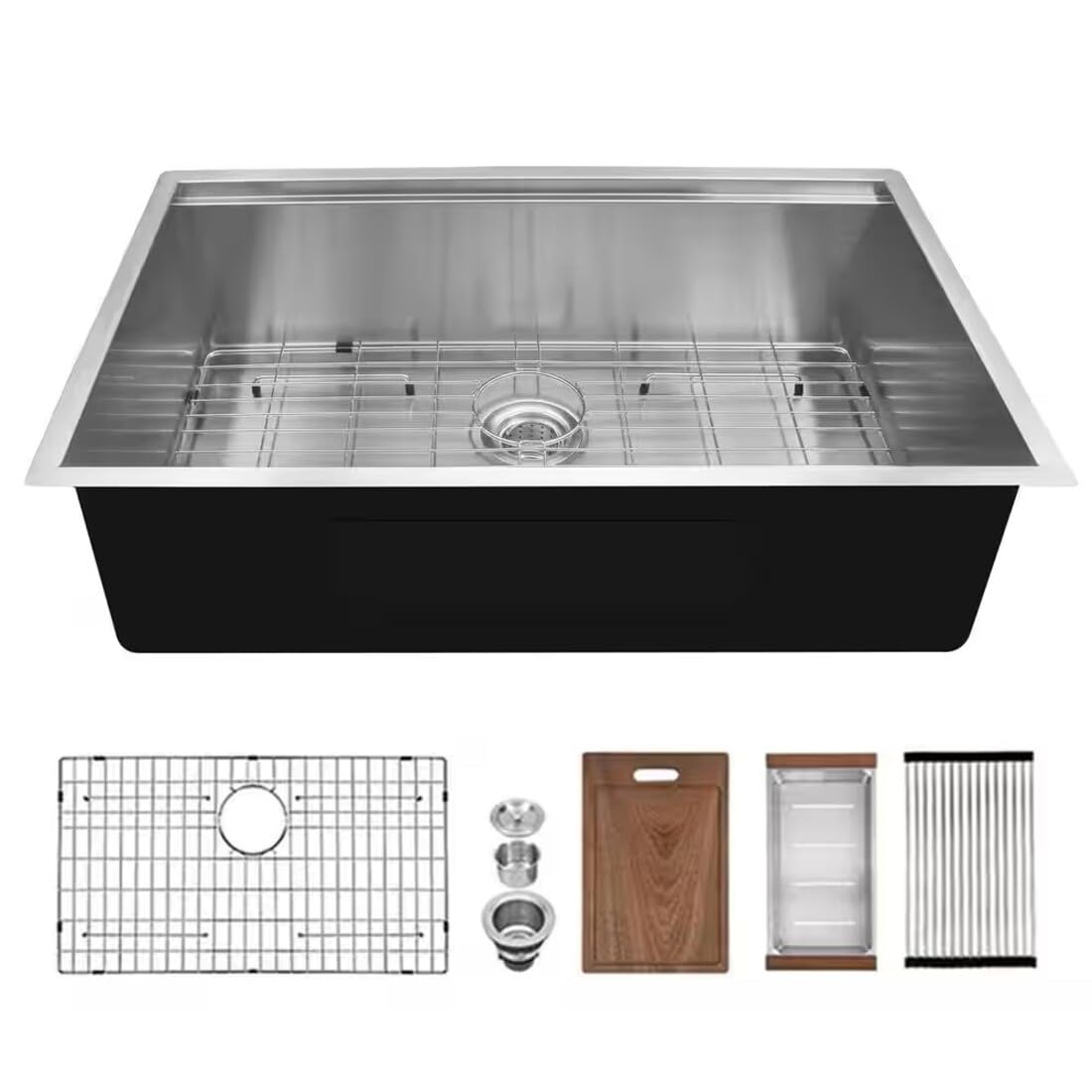 Lavello da cucina in acciaio inox cromato spazzolato da 30 pollici. Lavello da cucina a vasca singola con tagliere JMAWKS04-3019