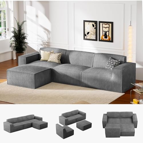 Marsail 111' L-Shape Sofa, Modular Cloud Couches with Deep Seats & High-Back, Corduroy Sectional Sofa for Living Room Bedroom with Ottoman, No Assembly Required, Grey