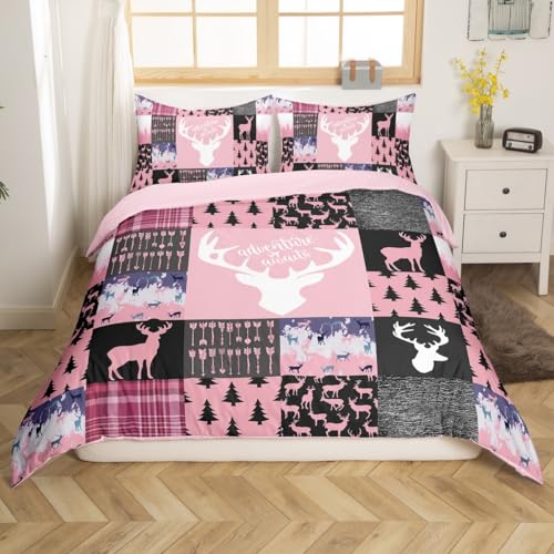 Erosebridal Farmhouse Moose Duvet Cover for Kids Boys Girls,Pink Deer Sketch Bedding Set,Rustic Elk Comforter Cover Full,Woodland Animal Bed Sets with 2 Pillow Shams Lodge Bedroom Decor