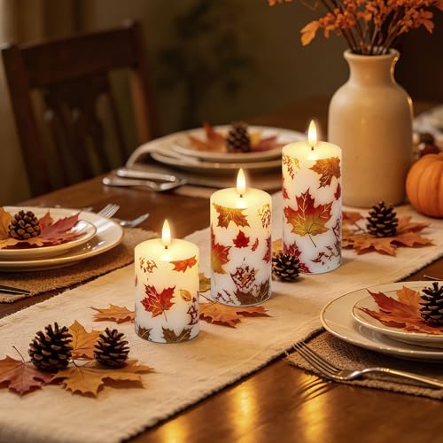 Image of JOIONE Maple Leaf Flameless Pillar Candles with Remote, 3 Pack Fall Decor | Battery Operated LED, Maple Leaf Design, Real Wax, Remote Control, Warm Flickering Glow, Safe Fall Home & Party Decor