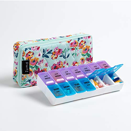 Image of Weekly Pill Organizer 2 Times a Day, Zumd Pill Box 7 Day with Cute Quilted Fabric Zipper Case, Travel Pill Case Am Pm for Vitamin Medicine Organizer