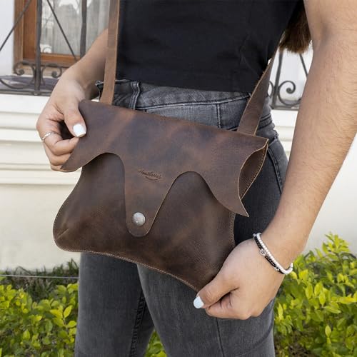 Heather's, Leaf-Shaped Shoulder Bag, Crossbody Bag with Adjustable Strap, Messenger Bag, Full Grain Leather, Handmade, Bourbon Brown2