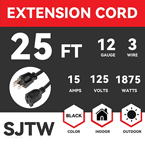 Ep 25 Ft Outdoor Extension Cord - 12/3 Sjtw Heavy Duty Black Extension Cable With 3 Prong Grounded Plug - Power Cord For Lawn, Garden, Appliances #TOP1