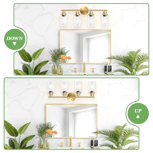 Image of 4-Light Gold Bathroom Light Fixtures, E26 Modern Vanity Lights for Bathroom with Clear Glass Shade, Wall Lamps for Mirror Hallway Kitchen Cabinet Living Room Sconces Lights