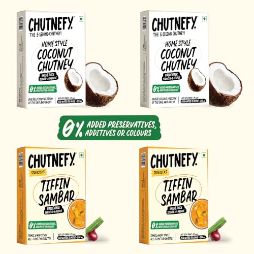 Image of Chutnefy - 5-Second Instant Classic Breakfast Combo Chutney - Pack of 4 - Each Pack Serves (5-6) | Coconut & Tiffin Sambar | Home Style Delicious & Ready-to-Eat Chutneys