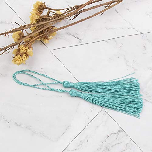 Image of VAPKER 100 Pieces Turquoise Color 13cm /5-Inch Silky Handmade Soft Tassels Floss Bookmark Tassels with 2-Inch Cord Loop for Jewelry Making, DIY Projects, Bookmarks