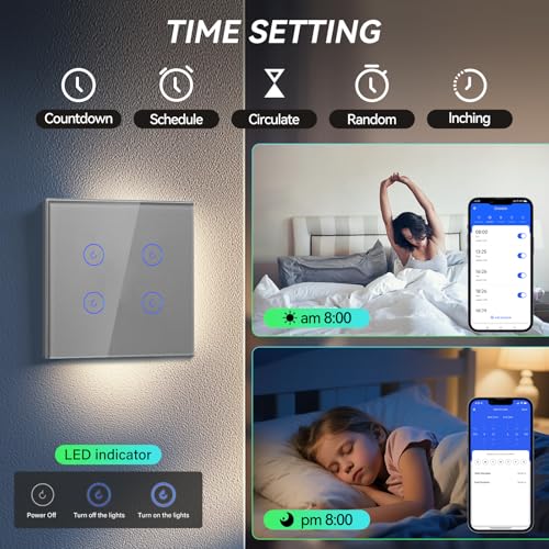 BSEED Smart Lichtschalter 4 Fach 1 Weg Wifi Smart Lichtschalter arbeitet mit Amazon Alexa and Google Home,Touch Wandschalte Glas Touchscreen-schalter Gold(Erforderlich NeutralDraht)