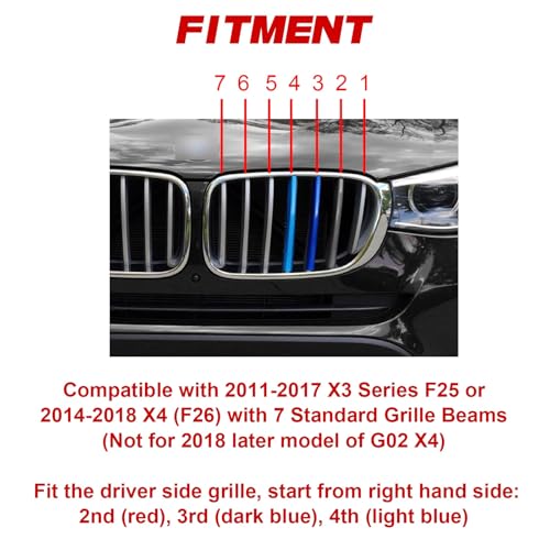 Image of x xotic tech Iconic 3-Color Tri Grille Insert Trims Strips, Front Center Kidney Grilles Compatible with BMW X3 F25 2011 2012 2013 2014 2015 2016 2017, X4 F26 2014-2018 (7-Beams Standard Grill)