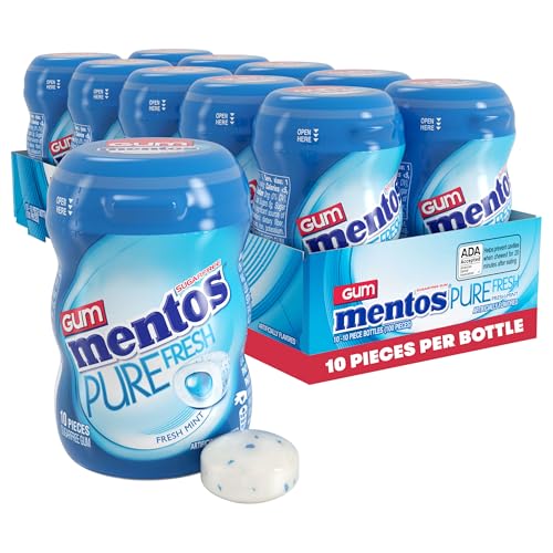 Image of Mentos Pure Fresh Sugar‑Free Chewing Gum with Xylitol, Fresh Mint, Mini Nano Bottles, Miniature Pack Size, 10 Pieces (Pack of 10)