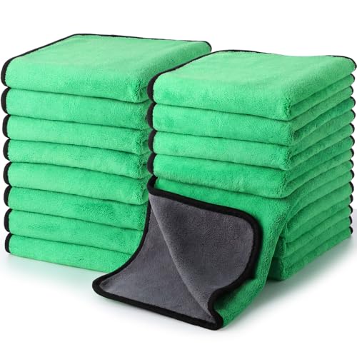 Nuenen 20 Pcs Microfiber Car Drying Towels Microfiber Cleaning Cloth 800 GSM Thick Plush Cleaning Dusting Cloth Auto Detailing Absorbent Towels Rags for Car Household Kitchen Window(Grey and Green)