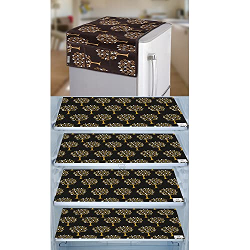 Image of Polyester 3-Layered Fridge Top Cover /Refrigerator Cover with Utility Pockets and Set of 4 Pc Fridge Mats (Color-Brown, Size-39x21 Inches)