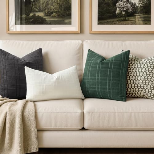 Image of MIULEE Decorative Linen Check Throw Pillow Covers Neutral Farmhouse Vintage Spring Pillow Covers 18x18 Set of 2 Boho Modern Home Decor for Sofa Couch Bedroom Cushion Dark Green